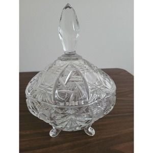 Vintage Crystal Oval Footed Candy Dish Bowl with Lid hobstar